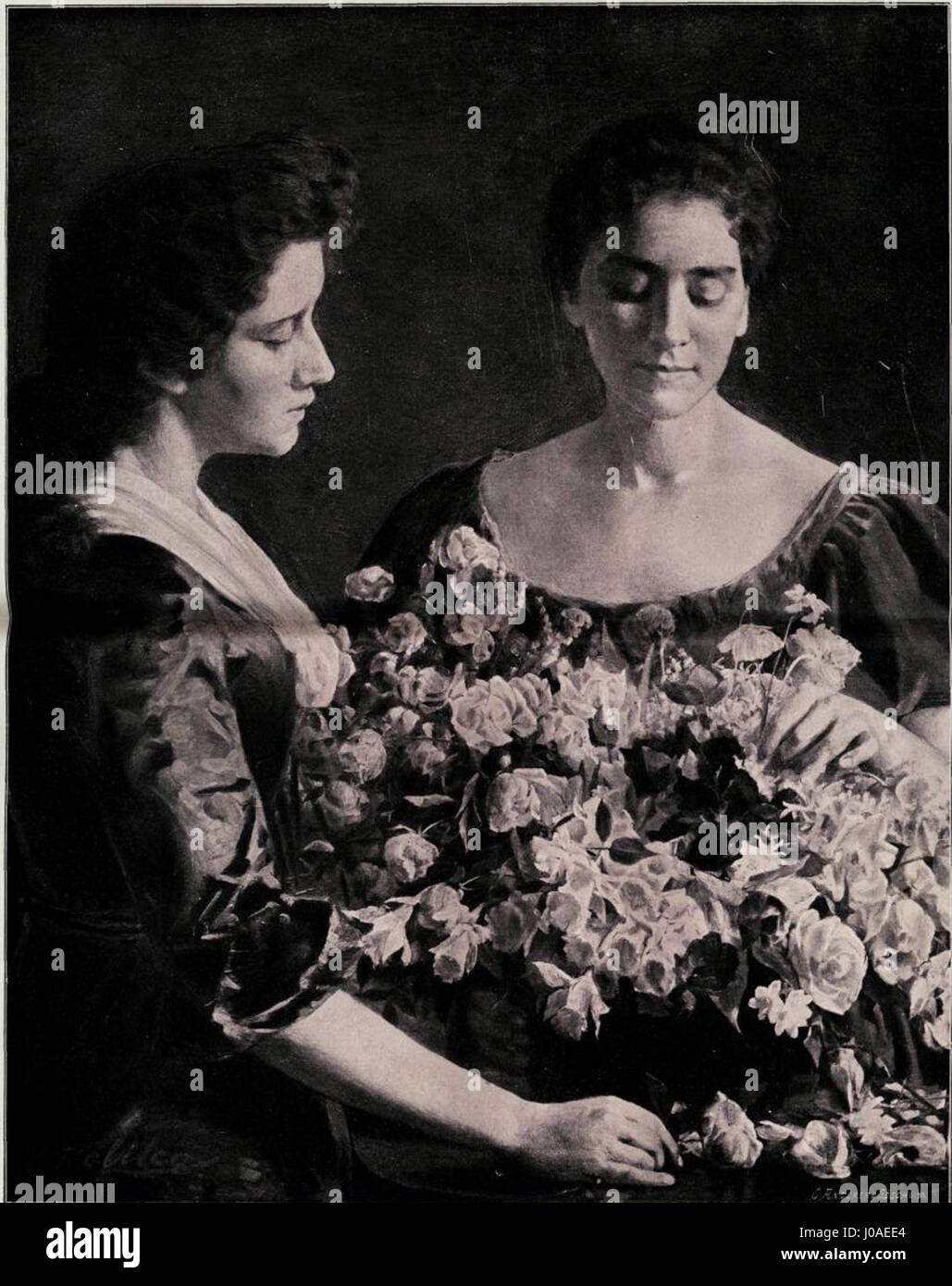 « Sestri ob poročnem sopku » d'Ivana Kobilca (Sœurs près du feu de mariage) capture une scène familiale intime, mettant en scène deux femmes près d'un feu. L’œuvre reflète la sensibilité de l’artiste à la lumière et à l’atmosphère, ainsi que son habileté à dépeindre des moments quotidiens. Banque D'Images