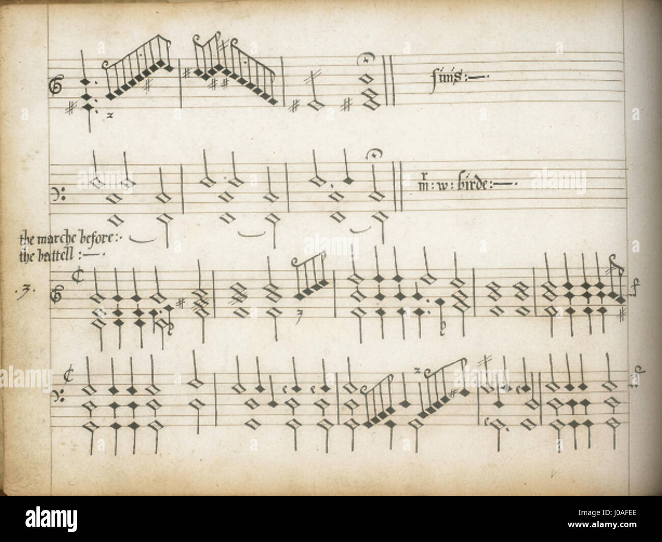 L'illustration manuscrite du « My Lady Novel Book » de Byrd représente une scène intitulée « la marche avant la bataille », mettant en scène une procession militaire. L'œuvre d'art reflète le style de la Renaissance anglaise, mettant l'accent sur le pageantry et la discipline de l'époque à travers des détails complexes et des couleurs vibrantes. Banque D'Images