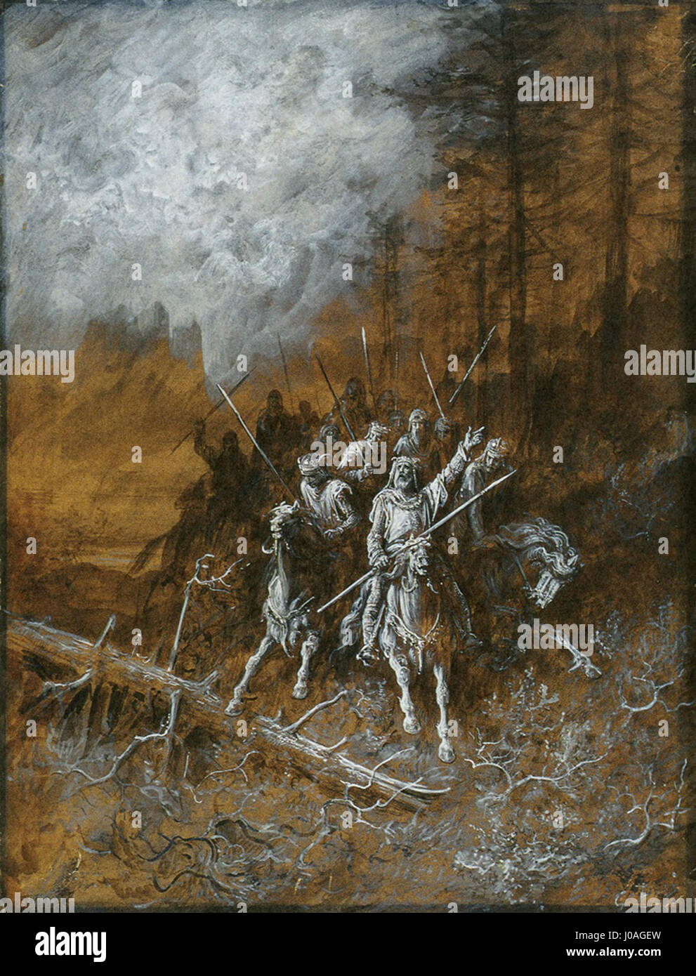 La marche des chevaliers, une peinture à l'aquarelle de Gustave Doré, un artiste et illustrateur français. Banque D'Images