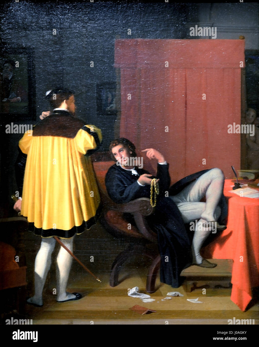 Ce tableau de Jean-Auguste-Dominique Ingres, intitulé 'L'Artin et l'envoyé de Charles Quint', capture un moment historique de la Renaissance. L'œuvre met en valeur le style néoclassique caractéristique d'Ingres avec des figures détaillées et des textures riches, en se concentrant sur l'interaction entre l'envoyé et le dignitaire, soulignant l'échange diplomatique entre la cour de Charles V et d'autres puissances européennes. Banque D'Images