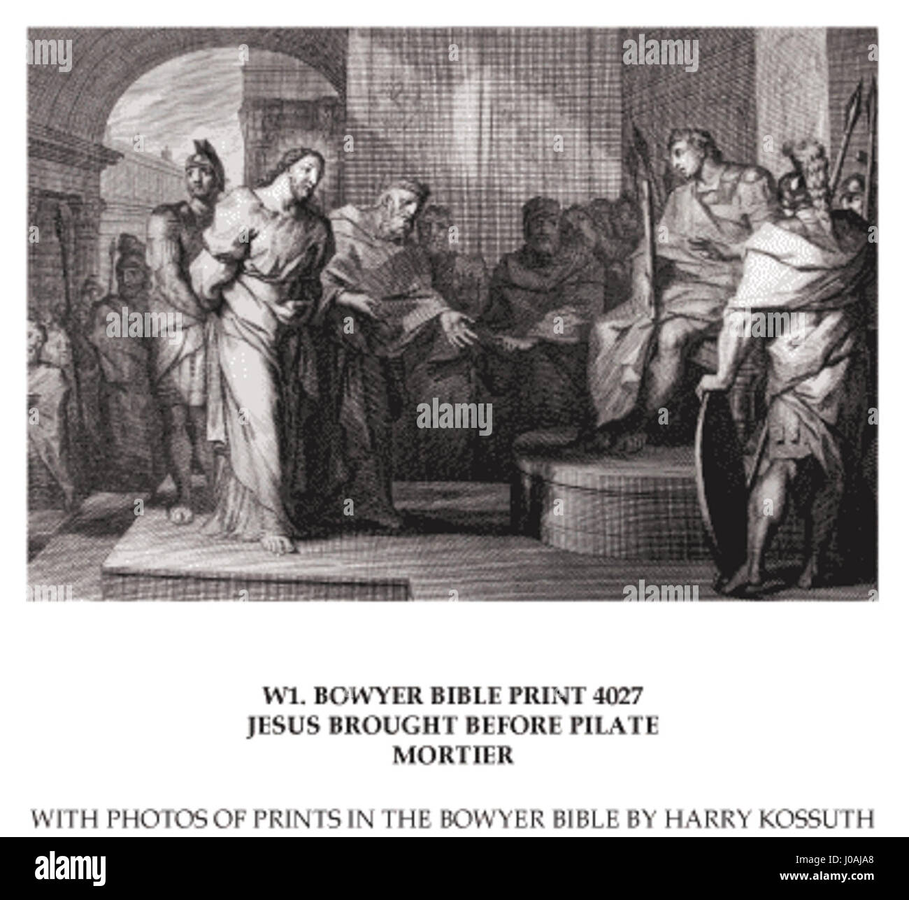 Cette image de l'Évangile de Marc illustre la scène où Jésus est amené devant Pilate, représentant son procès et ses moqueries par les soldats romains, un moment clé dans le récit de la passion. Banque D'Images