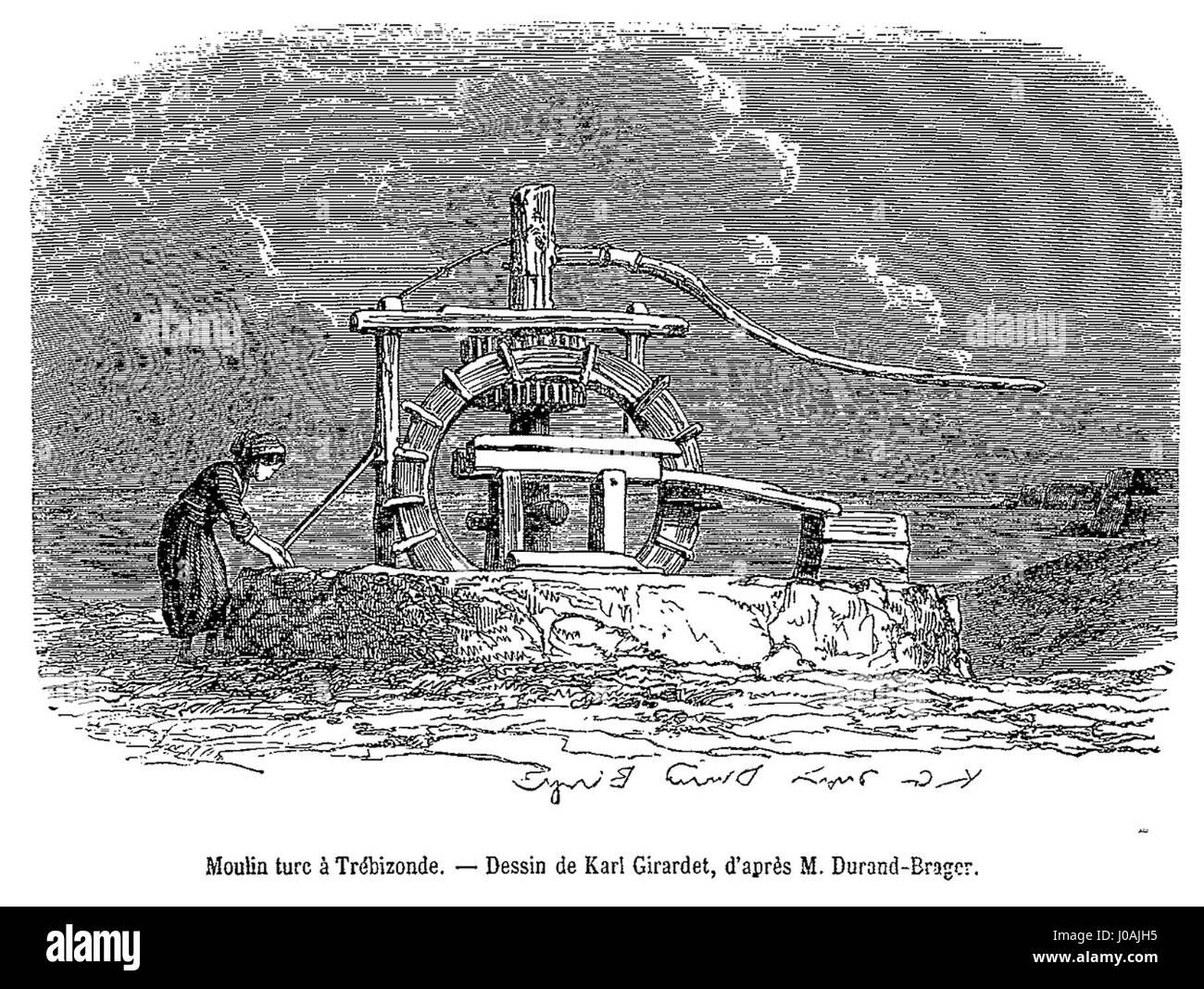 Les *Moulins turcs de Trébizonde* représentent une scène détaillée des moulins traditionnels de la ville turque de Trébizonde, mettant en valeur l'architecture locale et la vie quotidienne du début du XIXe siècle. Banque D'Images