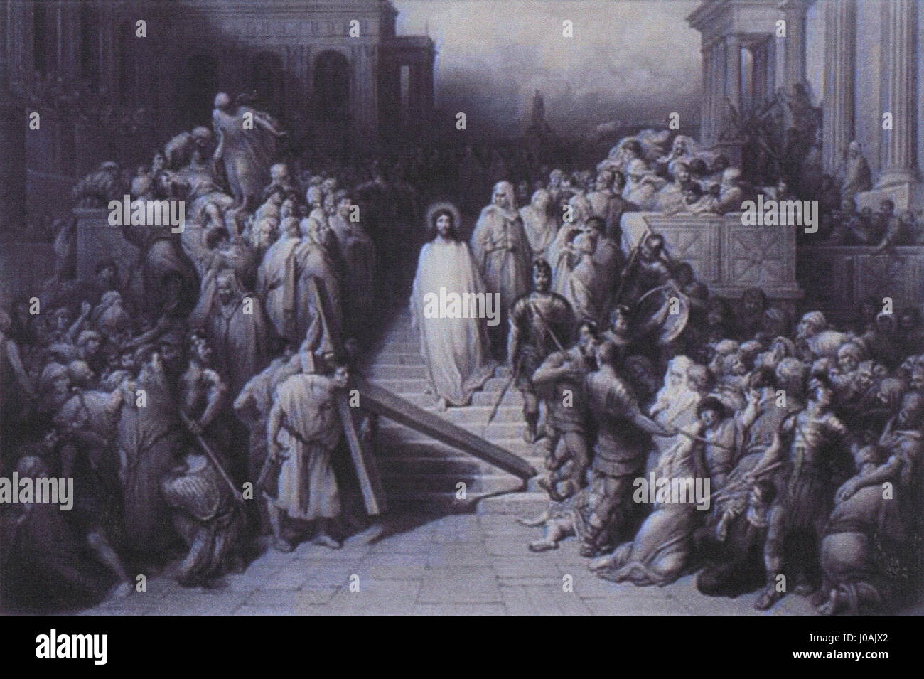 Christ quittant le prétoire est une gravure représentant le départ du Christ de la cour romaine, soulignant le moment avant sa crucifixion. La scène capture son expression solennelle et digne. Banque D'Images