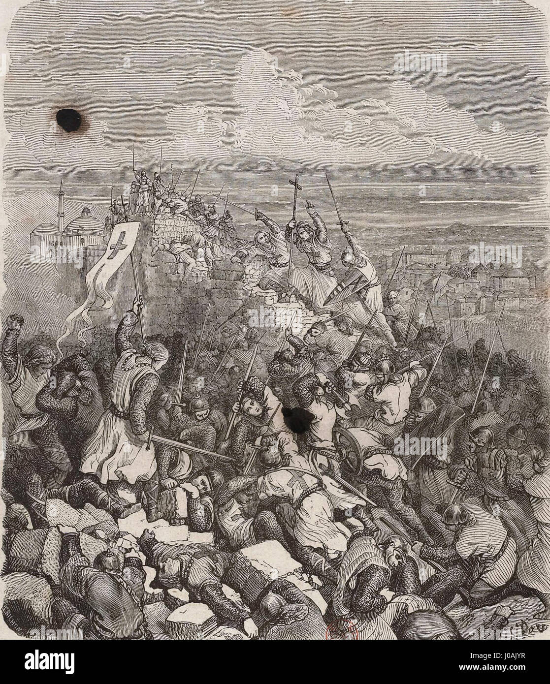 La prise de Jérusalem, une gravure sur bois de 1858 par Gustave Doré, un artiste et illustrateur français, et Auguste Trichon, un graveur français. Banque D'Images