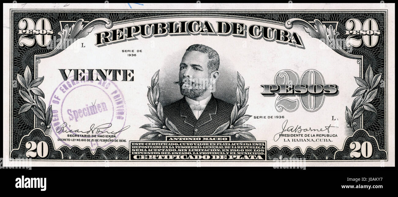 US-BEP-República de Cuba (la preuve certifiée) 20 pesos d'argent, 1936 (CUB-72b) Banque D'Images