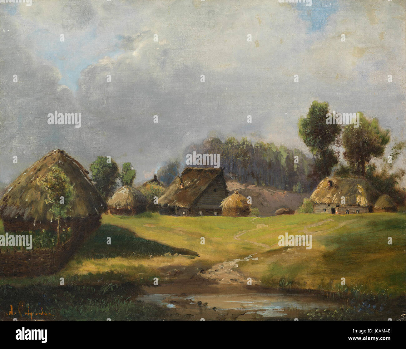 « Pluie à Kostroma », créé en 1994, capture une scène pluvieuse dans la ville russe de Kostroma. L’œuvre met l’accent sur l’architecture de la ville et l’atmosphère d’un jour de pluie. Banque D'Images