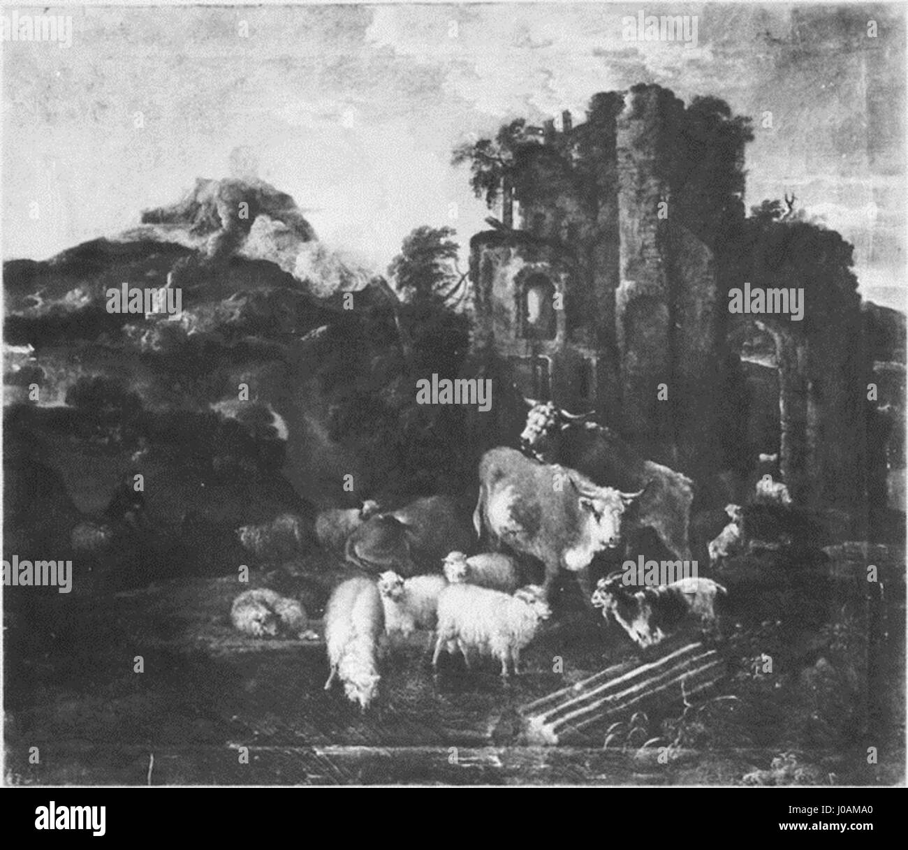 Paysage montagneux à l'italienne avec des animaux près d'une ruine par Michiel carrée Banque D'Images