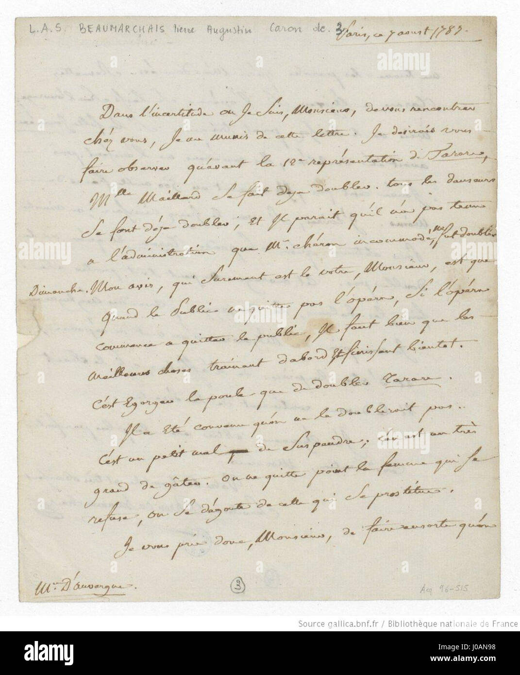 Ce document est une lettre autographe signée par Pierre Augustin Caron de Beaumarchais, célèbre dramaturge et musicien français. La lettre offre un aperçu personnel de la vie de Beaumarchais et de ses pensées, offrant un aperçu précieux de la culture française du XVIIIe siècle. Banque D'Images
