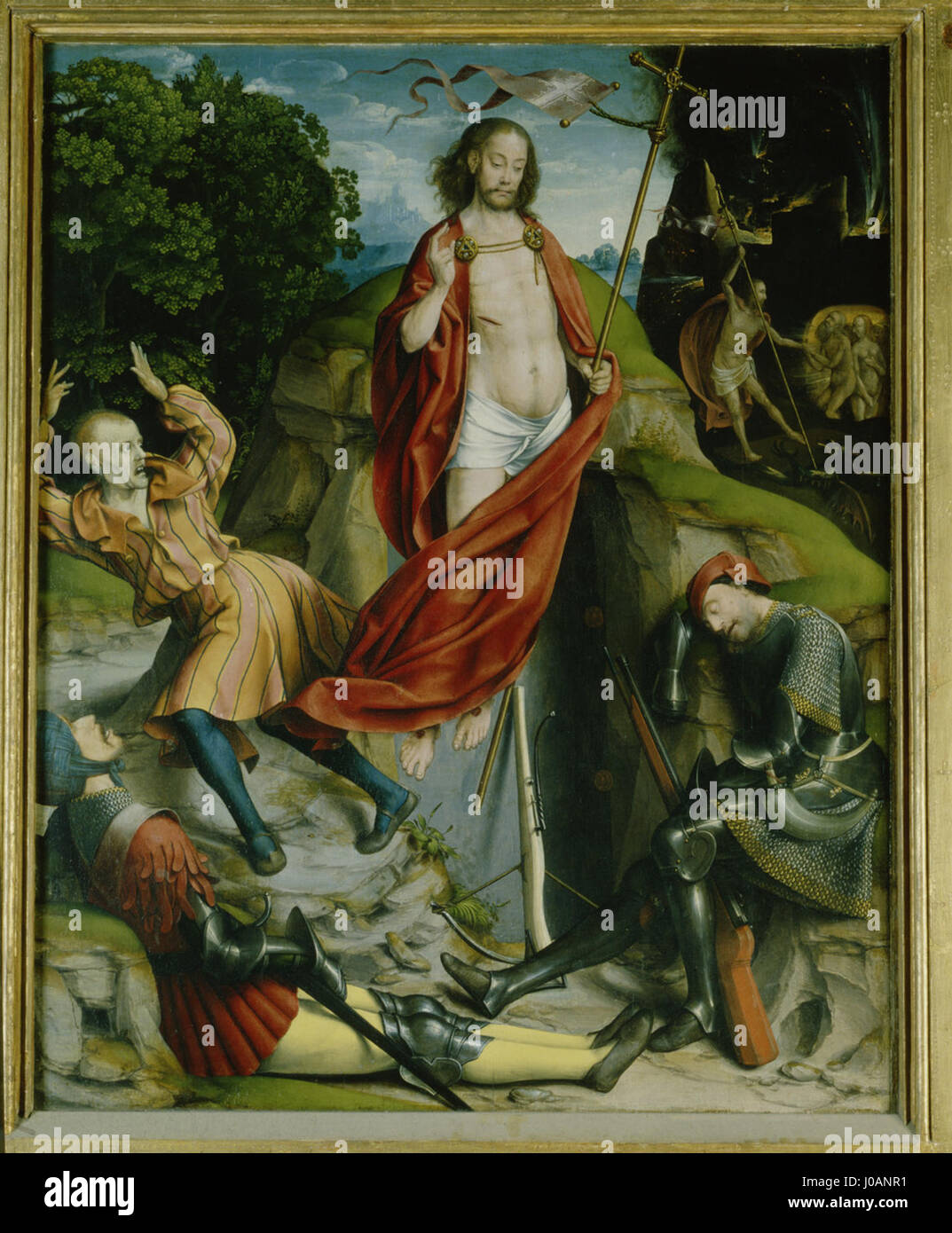 Ce tableau de l’Église de Kalkar représente la Résurrection du Christ, un thème chrétien central symbolisant le triomphe de la vie sur la mort. L'église, située à Kalkar, en Allemagne, est connue pour son art religieux riche et son architecture, cette pièce étant un élément important dans le récit visuel de l'église de la passion et de la résurrection du Christ. Banque D'Images