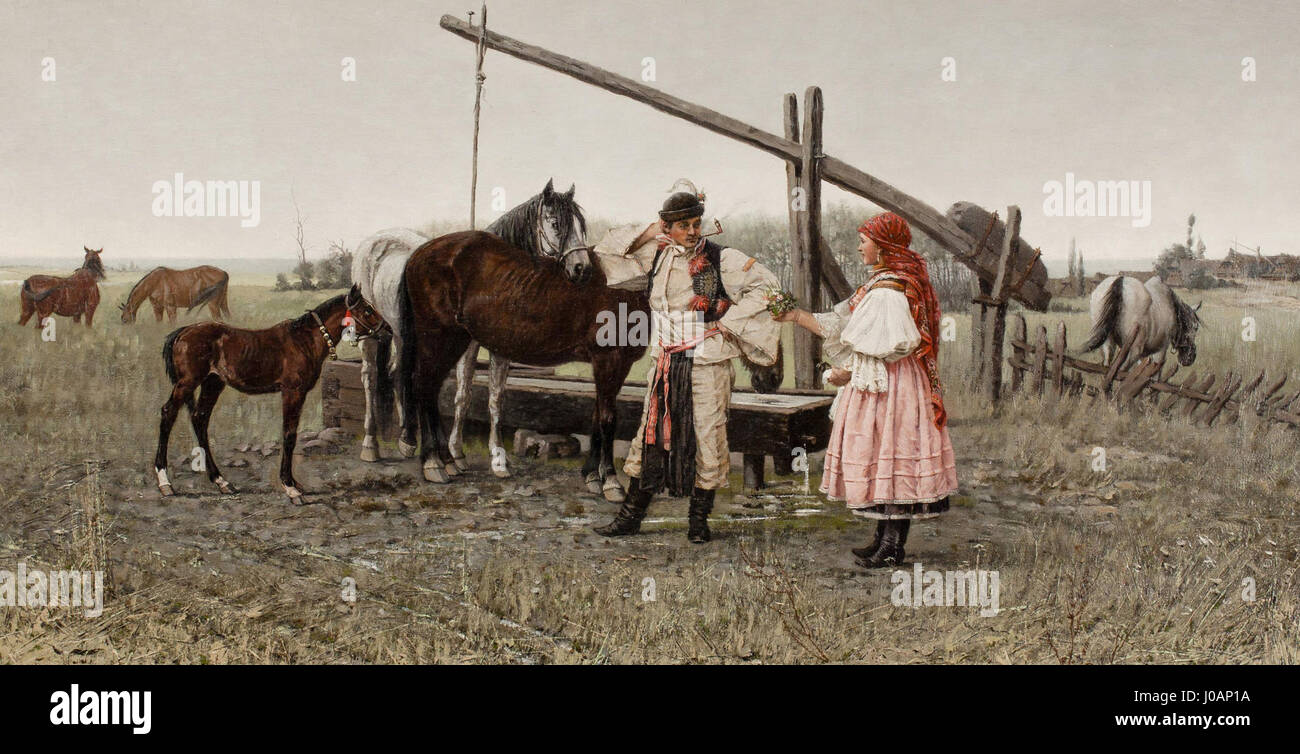 'Setkání u studny' (rencontre par le puits) de Jaroslav Vesin (1885) dépeint une scène rurale d'une rencontre fortuite dans un puits, capturant l'interaction et l'atmosphère paisible et rurale. Banque D'Images