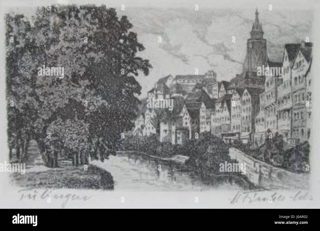 Cette gravure d'Helma Fischer Oels représente la ville de Tübingen, capturant son architecture et son paysage distinctifs. La pièce souligne le charme tranquille de la ville dans des lignes détaillées et nettes. Banque D'Images