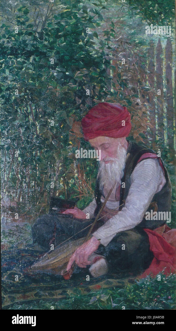 La peinture d'Ivana Kobilca 'Bosnjak z goslimi' dépeint un homme bosniaque en tenue traditionnelle, avec un accent sur l'identité culturelle et régionale. L'œuvre reflète l'intérêt de l'artiste pour la représentation ethnique et la culture de l'Europe de l'est. Banque D'Images
