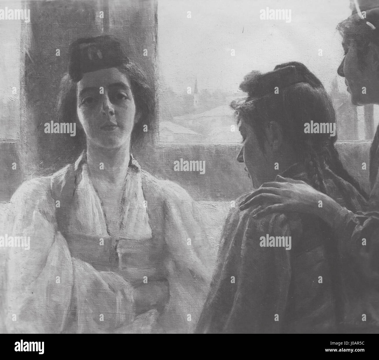 Bosnjakinja s sluzabnicama (femme bosniaque avec serviteurs) d'Ivana Kobilca représente une scène de la culture bosniaque, mettant en valeur la vie quotidienne d'une femme bosniaque avec ses accompagnateurs. La peinture met l'accent sur la représentation détaillée de l'habillement et des rôles sociaux dans la région. Banque D'Images