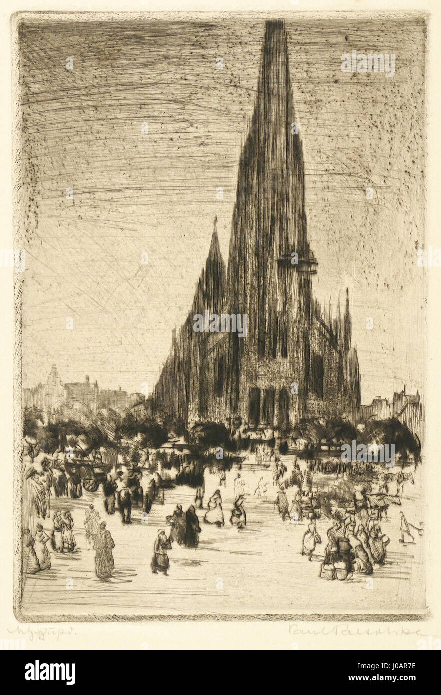 La peinture d'Ulm Münster de Paul Paeschke met en valeur l'architecture gothique de l'Ulm Minster, une église renommée en Allemagne. Paeschke capture les flèches imposantes et les détails complexes de cette merveille architecturale. Banque D'Images