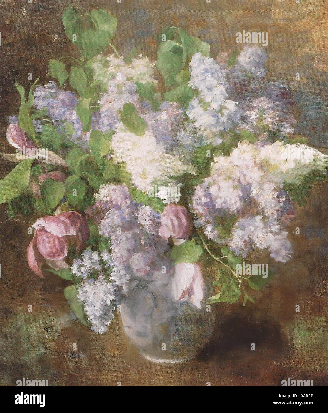 « Spanski bezeg in magnolije » d'Ivana Kobilca (lilas et magnolias espagnols) est une peinture de nature morte qui représente des fleurs délicates, mettant en valeur l'habileté de Kobilca à capturer la beauté de la nature. L’œuvre reflète l’intérêt de l’artiste pour la lumière, la forme et la couleur. Banque D'Images