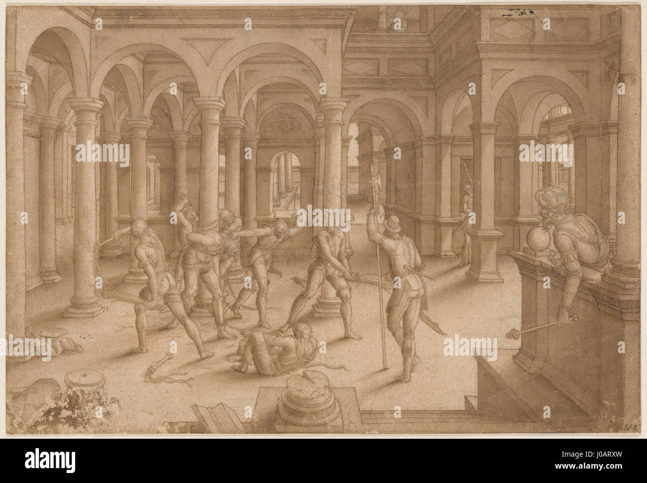 Ce dessin préparatoire à la flagellation représente la scène de la tourmente du Christ avant sa crucifixion. L’étude donne un aperçu du processus de l’artiste dans la représentation de l’un des moments les plus douloureux de l’iconographie chrétienne. Banque D'Images