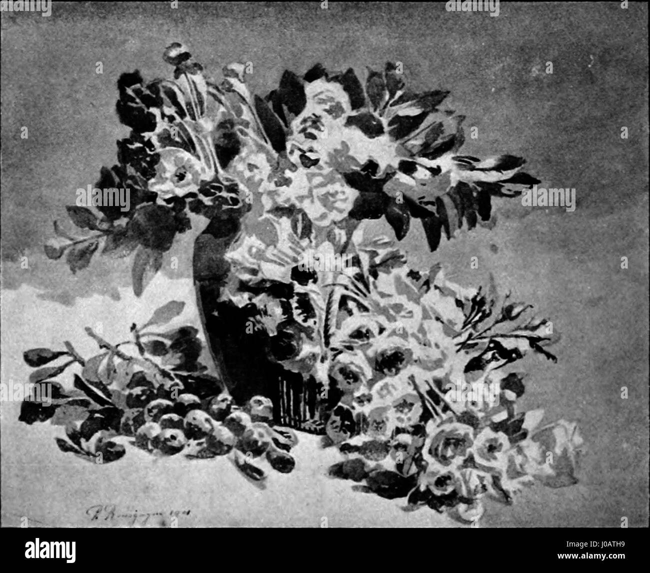 'Fleurs et fruits d'été' de Pierre Bourgogne est une nature morte vibrante qui met en valeur diverses fleurs et fruits d'été. L'œuvre met en évidence la capacité de Bourgogne à capturer la beauté naturelle avec des détails complexes et des couleurs vives. Banque D'Images