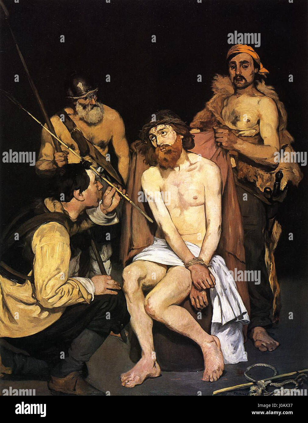 Jésus moqué par les soldats d'Édouard Manet (1864-1865) est une huile sur toile mesurant 73 x 92 cm. Le tableau représente une scène de la passion du Christ, se concentrant sur le moment de la moquerie de Jésus par les soldats romains. L'œuvre de Manet est connue pour sa composition audacieuse et son écart avec les traditionnelles religieuses comprises Banque D'Images