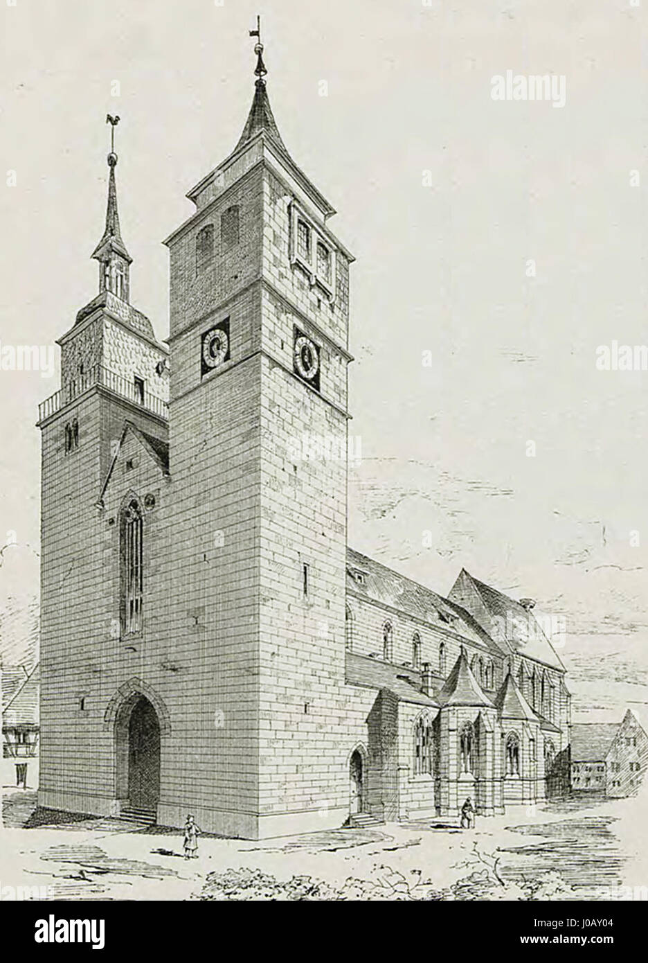 Le Bartholomäuskirche de Markgröningen, achevé en 1889, est un exemple significatif de l'architecture de l'église du XIXe siècle. L'œuvre d'art présente une section détaillée de l'église, soulignant son style néo-gothique. Banque D'Images