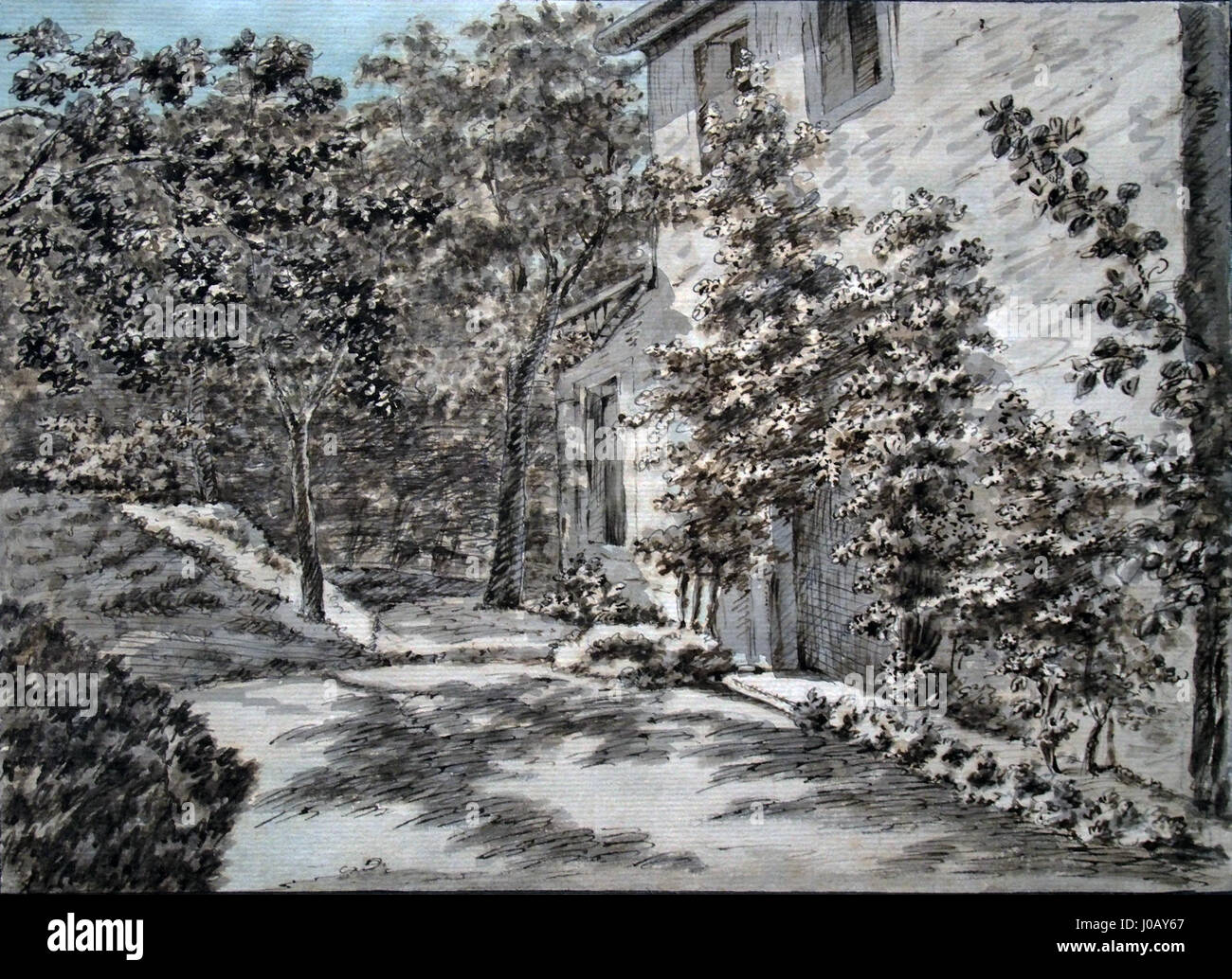 Ce dessin de Johann Wolfgang von Goethe représente l'arrière de sa maison de jardin. Connu pour ses œuvres littéraires, les efforts artistiques de Goethe se concentrent souvent sur la nature et l'architecture. Ce croquis offre un aperçu de son environnement personnel, mettant l'accent sur la simplicité et l'environnement naturel. Banque D'Images