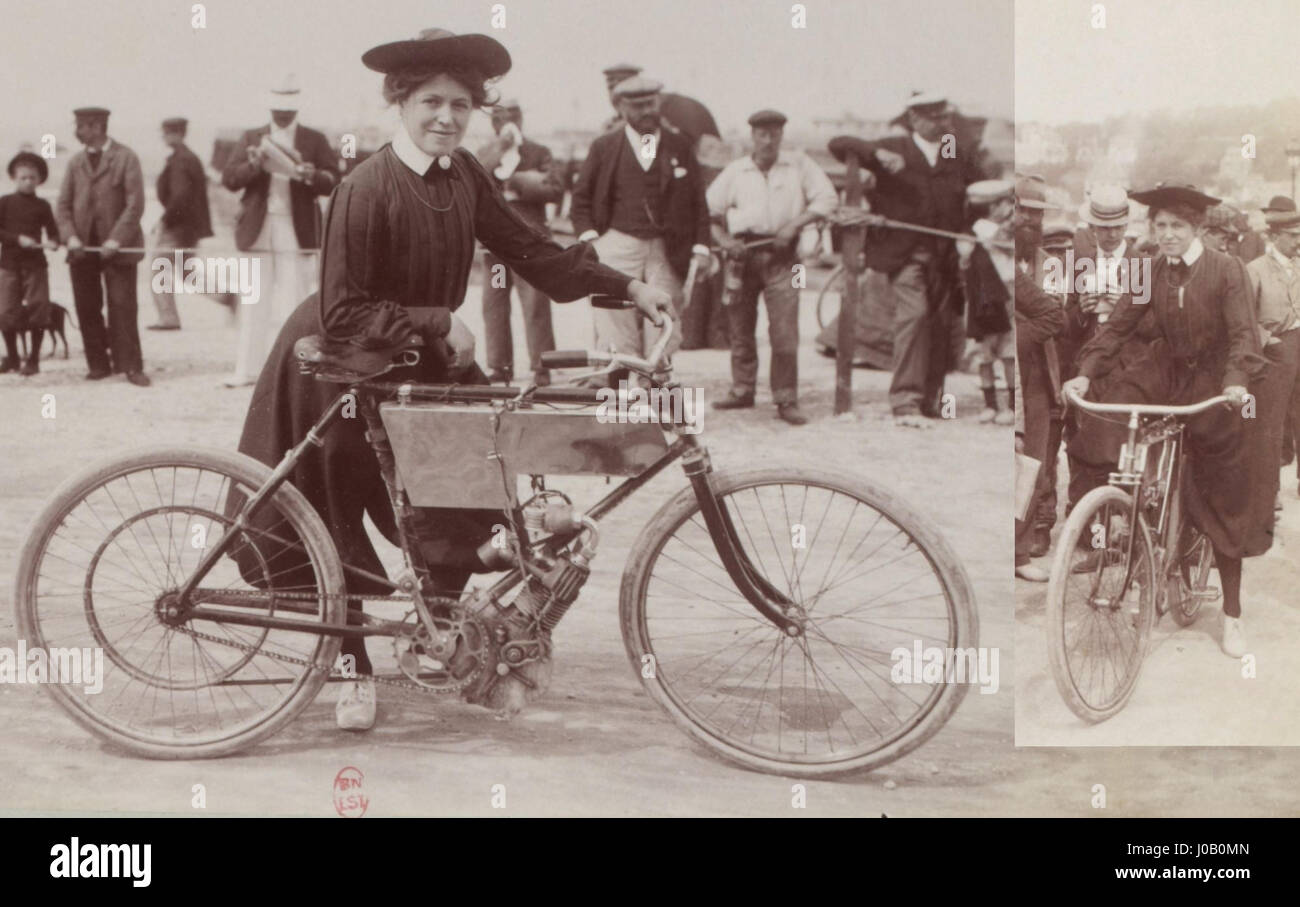 Mme Jolivet a été la première femme titulaire d'un record de vitesse en sport automobile, réalisant cet exploit à Deauville, en France, le 26 août 1902. Elle a établi le record avec un véhicule Pécourt pesant 30 kg, marquant un moment historique dans les débuts de l'histoire du sport automobile. Banque D'Images