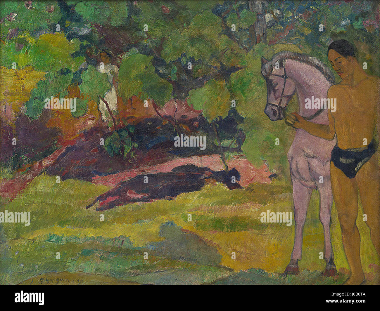 Le tableau de Paul Gauguin de 1891, dans la vanillière, homme et cheval, représente un homme et un cheval dans une plantation de vanille, mettant en valeur le style post-impressionniste de l'artiste et son séjour à Tahiti. Banque D'Images