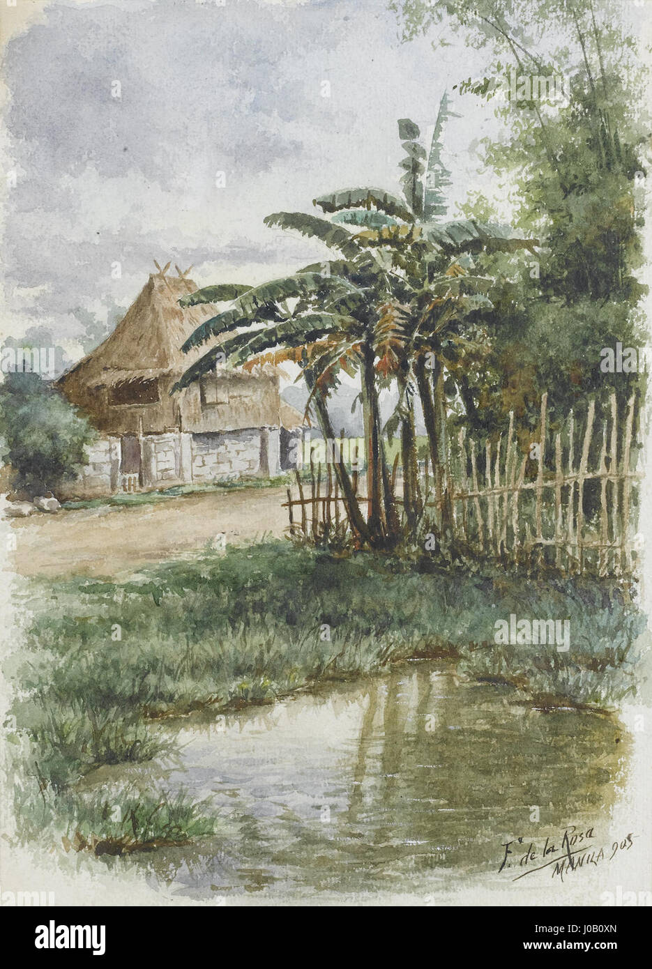 Fabián de la Rosa - paysage avec Philippine Nipa hut (1905) Banque D'Images