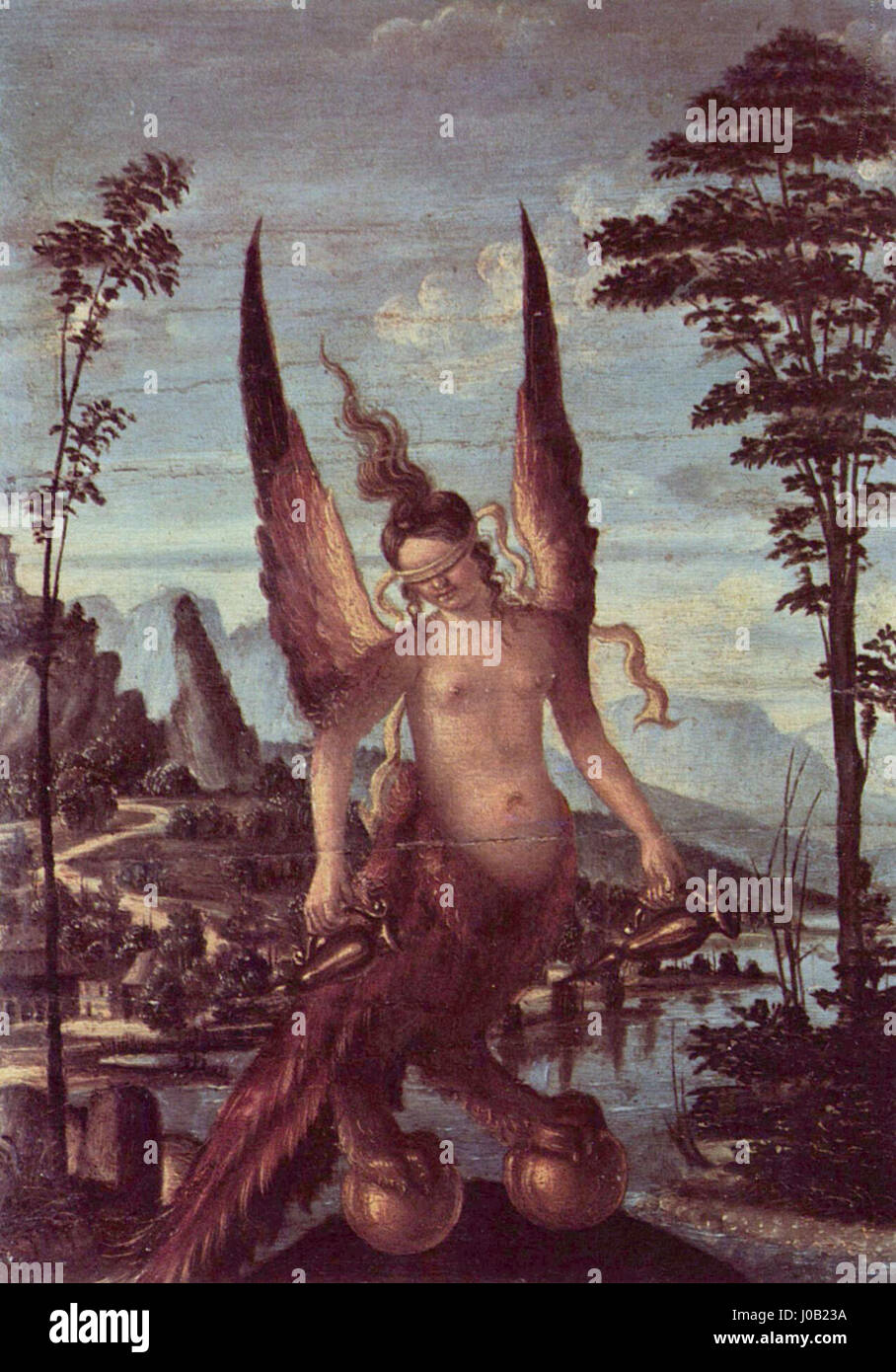 'La Virtù' de Giovanni Bellini représente la personnification de la vertu sous la forme d'une figure allégorique, typique de la Renaissance L’utilisation experte de la couleur et de la composition par Bellini met en évidence les nobles qualités de la figure, reflétant les idéaux de beauté et de moralité de la Renaissance. Banque D'Images