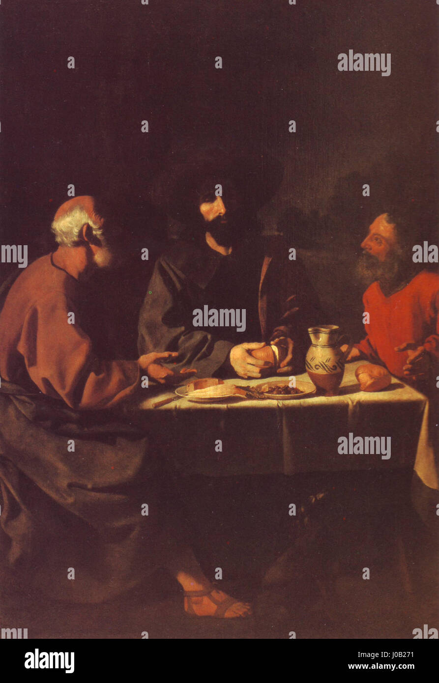 'A CEIA em Emaús' (la Cène à Emmaus) de Francisco de Zurbarán décrit le moment biblique où le Christ se révèle à ses disciples après la résurrection. L’utilisation de la lumière et de l’ombre par l’artiste met en évidence le moment spirituel. Banque D'Images