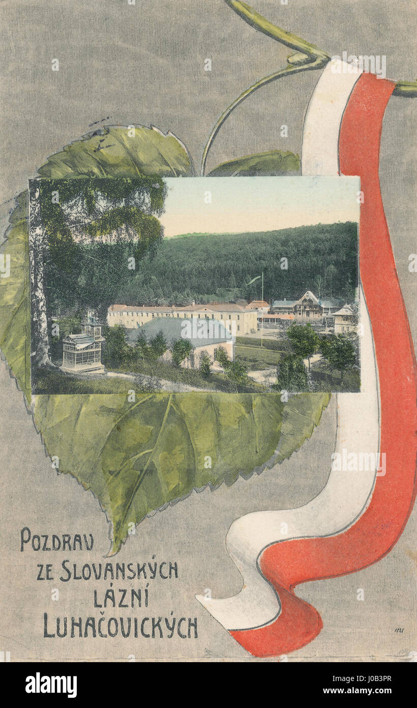Cette carte postale du début du XXe siècle, intitulée 'Pozdrav ze slovanských lén Luhacovických', a été publiée en 1910 par F. Hlozek de Uherský Brod. Il met en valeur la région slovaque de Luhacovice, connue pour sa beauté naturelle et ses sources minérales. Banque D'Images