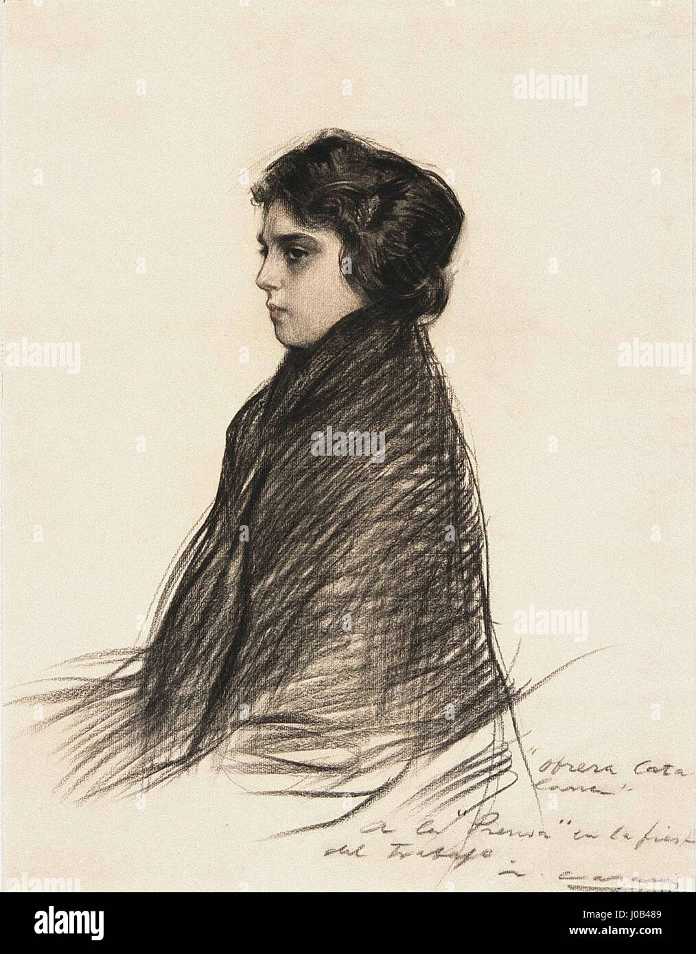 'Obrera catalana' de Ramón Casas Carbó représente une femme de Catalogne en tenue de travail traditionnelle. La pièce met l'accent sur la simplicité et la dignité de la vie quotidienne à la fin du XIXe siècle, soulignant le caractère fort et la grâce naturelle du sujet. Banque D'Images