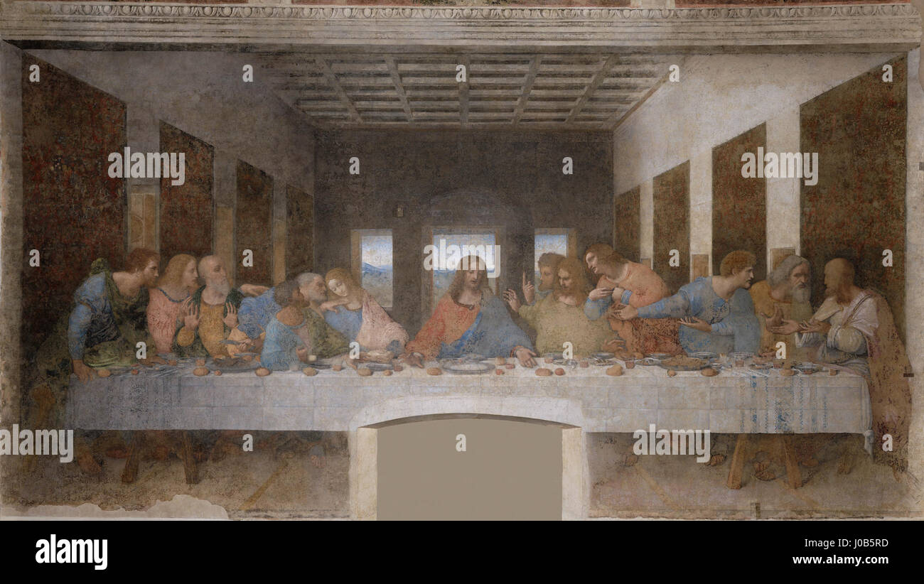La 'Última Cena' (la Cène) de Léonard de Vinci est l'une des œuvres les plus emblématiques de l'histoire occidentale, représentant le moment du dernier repas de Jésus-Christ avec ses disciples, mettant l'accent sur les expressions émotionnelles et la signification biblique. Banque D'Images