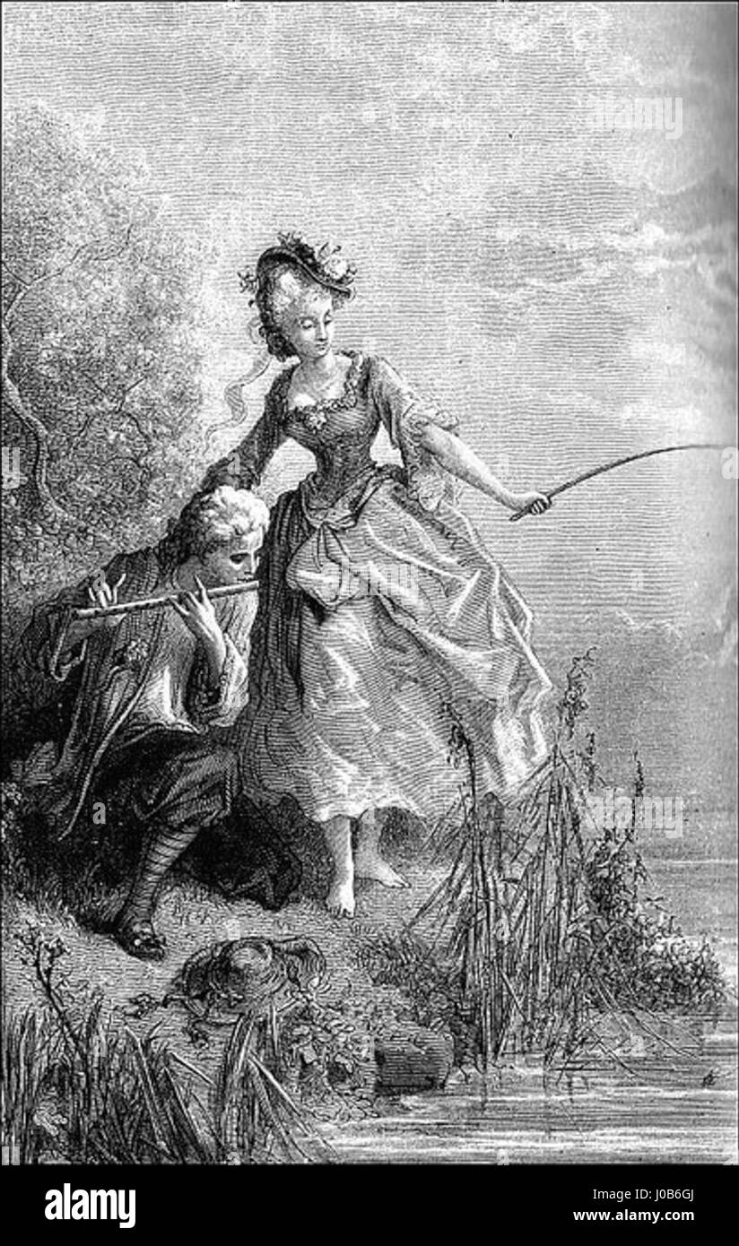Illustration de Gustave Doré de la fable de La Fontaine du berger joueur de flûte, de 1868, représentant des poissons et un berger Banque D'Images