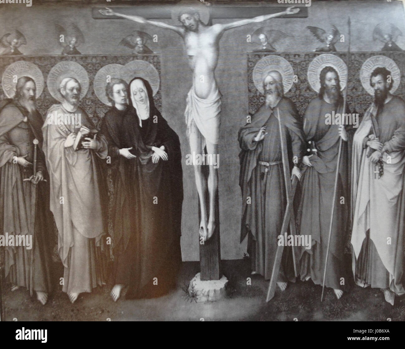 Le tableau 'Crucifixion avec Marie et les Apôtres' à l'Alte Pinakothek, en Allemagne, représente la scène de crucifixion avec Marie et les Apôtres présents. Cette œuvre religieuse du XVe siècle incarne l’iconographie chrétienne et les thèmes théologiques. Banque D'Images