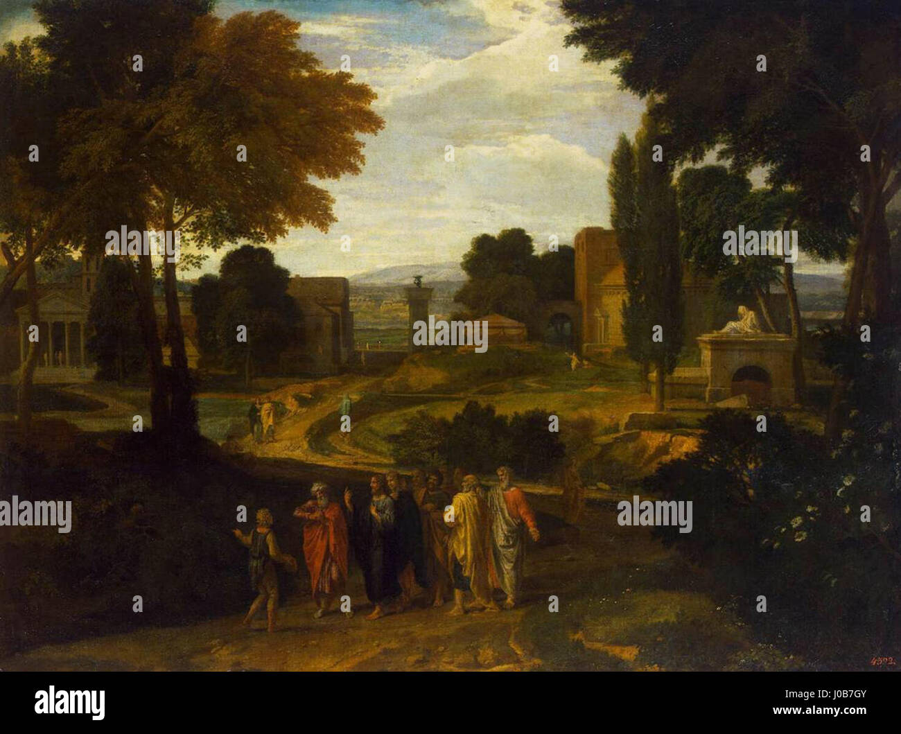 « Paysage avec le Christ et ses disciples » de Jean-François Millet dépeint une scène biblique avec le Christ et ses disciples dans un paysage pastoral, capturant l’harmonie entre nature et spiritualité. Banque D'Images