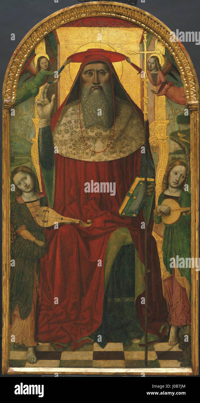 Cette peinture de Niccolò Corso représente Saint Jérôme assis sur un trône avec des anges qui l'entourent. L'œuvre combine iconographie religieuse et influences de la Renaissance, mettant en valeur l'utilisation de la composition et du symbolisme divin par l'artiste. Banque D'Images