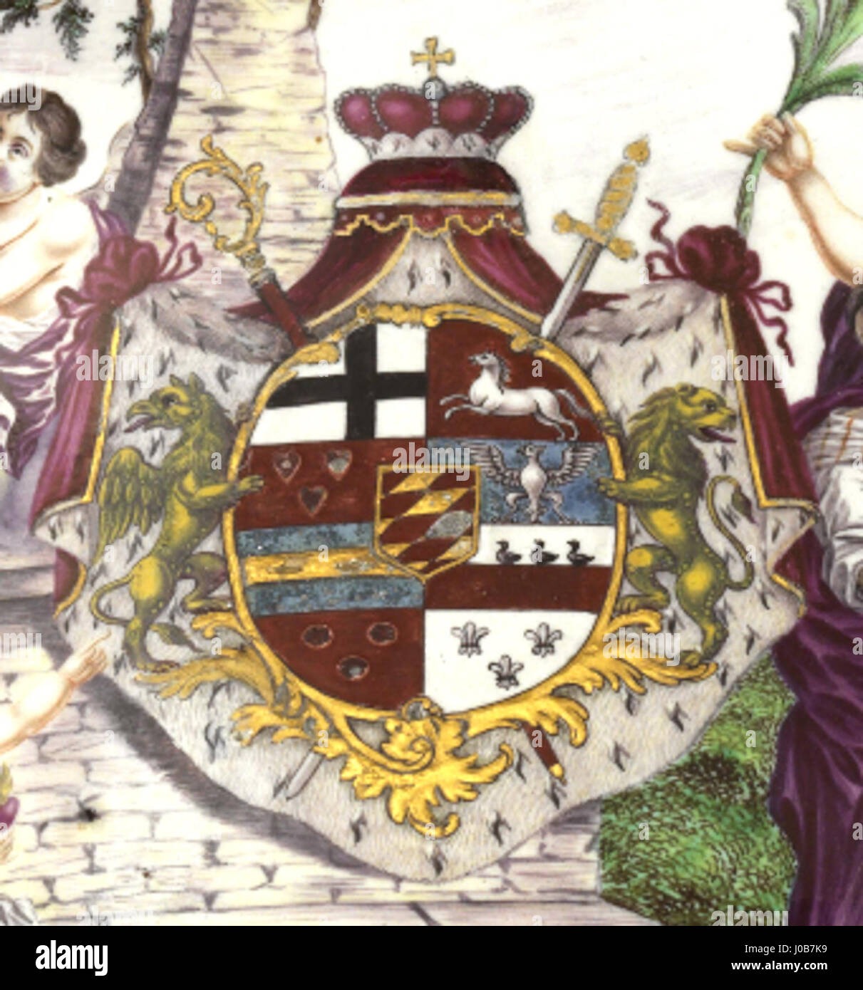 Ce bouclier héraldique représente Maximilien Friedrich von Königsegg, un membre de la famille noble de Königsegg. Les armoiries comprennent divers éléments associés à l’héritage de la famille et à son rang noble dans l’histoire européenne. Banque D'Images