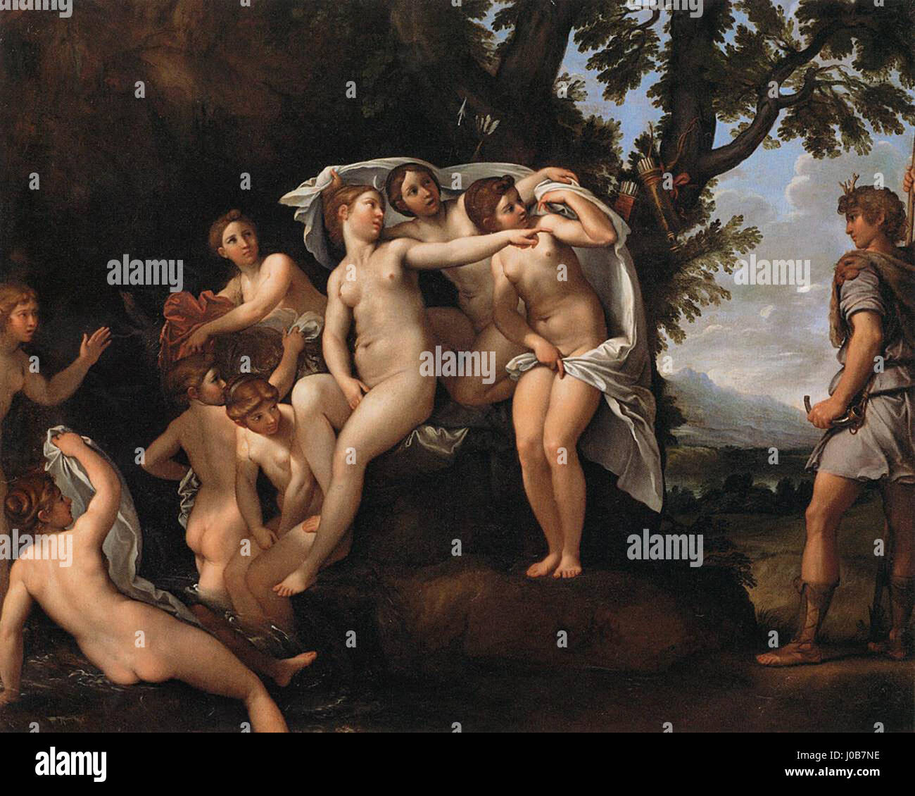 Le tableau de Francesco Albani de 1617 « Actéon métamorphosé en cerf » dépeint l'histoire mythologique d'Actaeon, qui se transforme en cerf. L'œuvre reflète le style baroque avec ses couleurs vives et sa composition dynamique. Banque D'Images