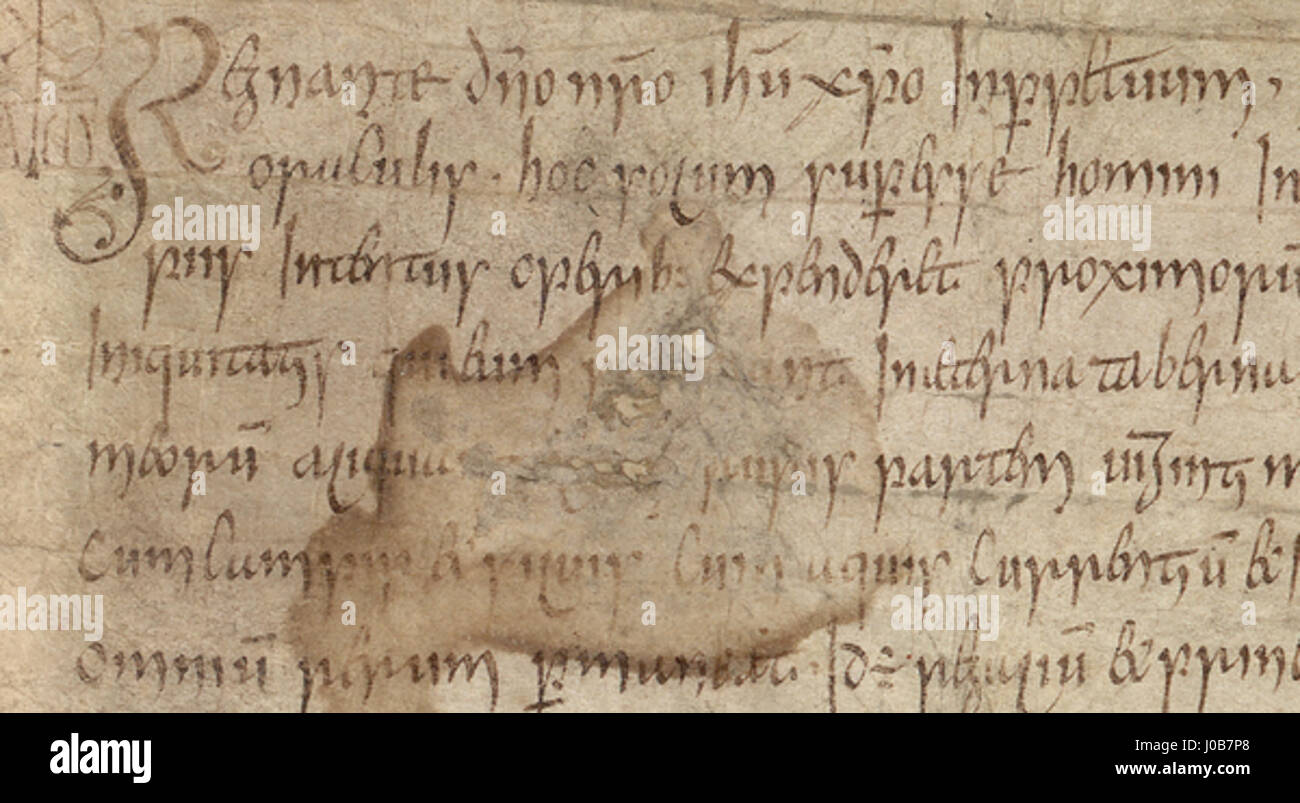 Ce détail de la charte de 847 du roi Æthelwulf du Wessex, conservé à la British Library, représente un document historique important de l'Angleterre anglo-saxonne. La charte détaille les concessions de terres et les décrets royaux, mettant en valeur la gouvernance médiévale et la structure juridique dans le Wessex. C'est un dossier essentiel pour comprendre le paysage politique de l'époque. Banque D'Images
