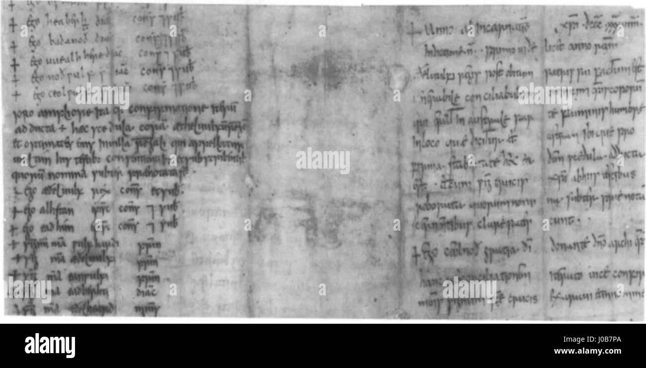 La « Charte du roi Æthelwulf du Wessex » de 839 est un document historique détaillant les concessions de terres faites par le roi anglo-saxon. Cette charte est un artefact important pour comprendre la gouvernance anglaise médiévale et l'autorité royale. Banque D'Images