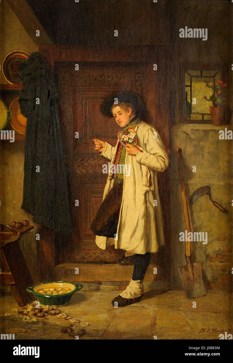 'Auf Freiers Fügen' de Walter Sadler est une peinture de genre représentant une jeune femme au cours d'une cour, capturant un moment d'interaction romantique. La peinture met en lumière les thèmes sociaux européens du XIXe siècle. Banque D'Images