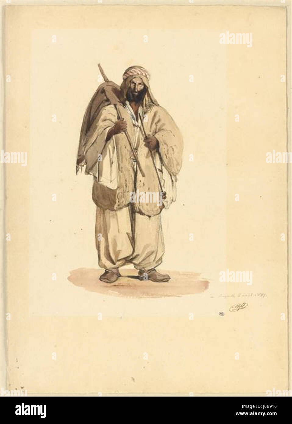 « Bédouin debout portant sur l'épaule » de Montfort montre un bédouin debout avec une pose digne, portant un enfant sur son épaule. La peinture capture la force et l'équilibre de la figure, soulignant les aspects culturels et traditionnels de la vie bédouine. Banque D'Images