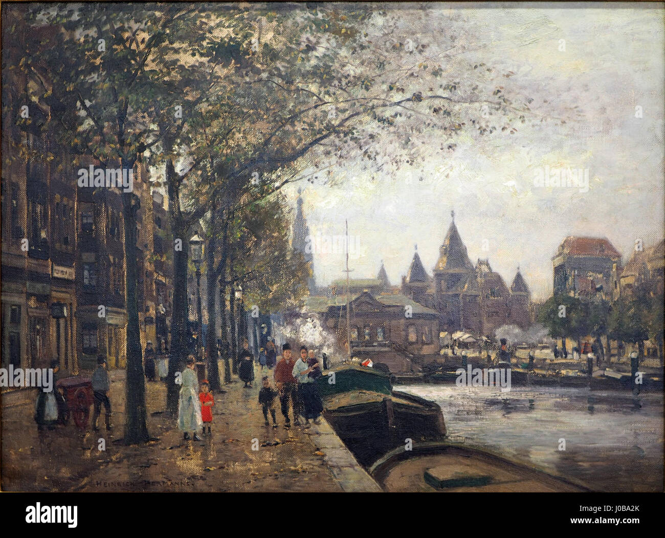 L'œuvre d'art 'Hermanns Gracht in Amsterdam' est une représentation d'un canal à Amsterdam. La scène met en valeur le paysage urbain, l’architecture des maisons du canal et les reflets sur l’eau. Banque D'Images