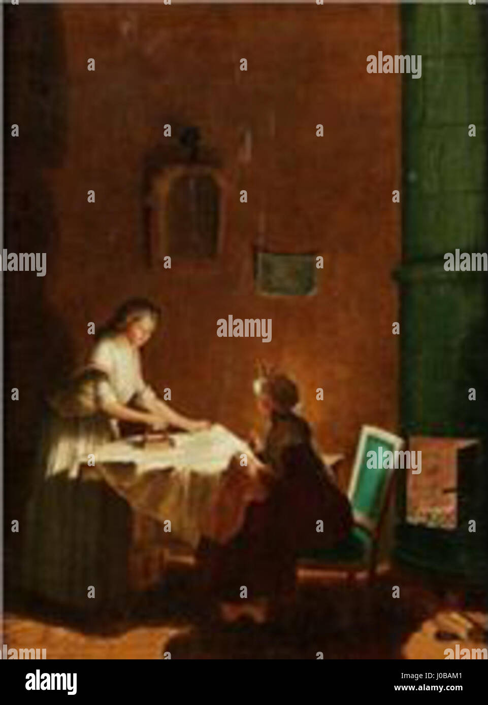 Gustaviansk interiör Med arbetande kvinnor est une peinture suédoise représentant des femmes travaillant dans un intérieur de style gustavien. La scène capture la vie domestique et l'esthétique de la fin du XVIIIe siècle en Suède, en se concentrant à la fois sur l'architecture et les personnages qui s'y trouvent. Banque D'Images