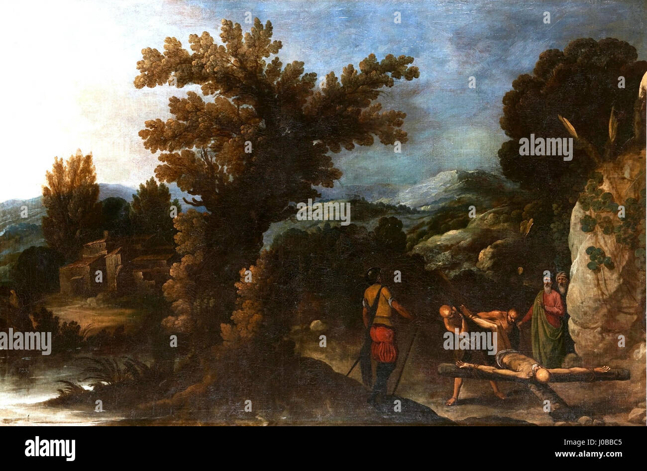 'Paisaje con la crucifixión de San Pedro' de Francisco collantes est une peinture baroque qui combine un paysage avec la scène biblique de la crucifixion de Saint Pierre. Il met en évidence la tension dramatique entre le monde naturel et l'événement religieux en baroque espagnol Banque D'Images