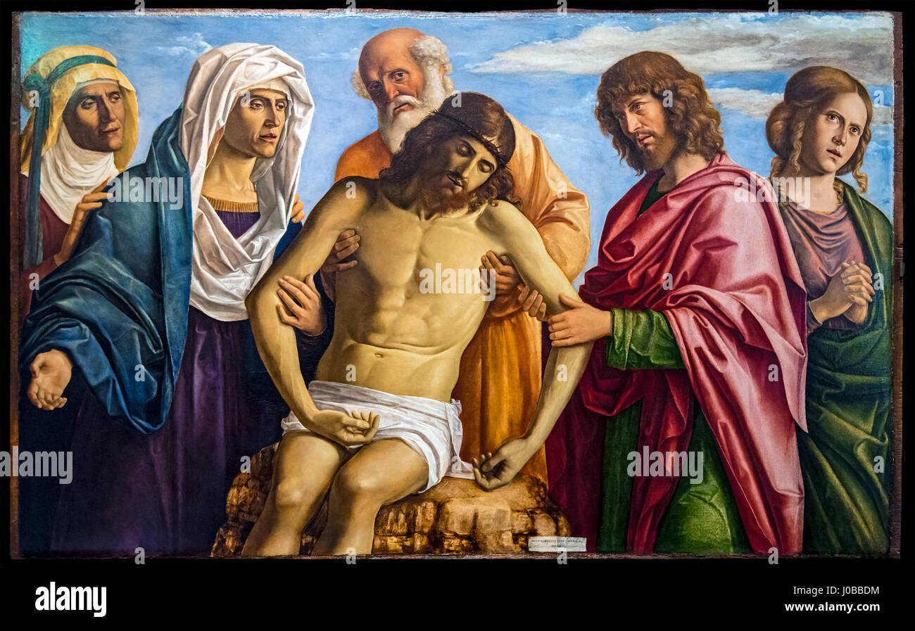 Cristo in Pietà sostenuto dalla Madonna de Cima da Conegliano dépeint le moment douloureux du Christ soutenu par la Vierge Marie, avec Nicodème et Saint Jean l'évangéliste. Ce chef-d'œuvre de la Renaissance dépeint l'intensité émotionnelle et la signification religieuse de la passion du Christ. Banque D'Images