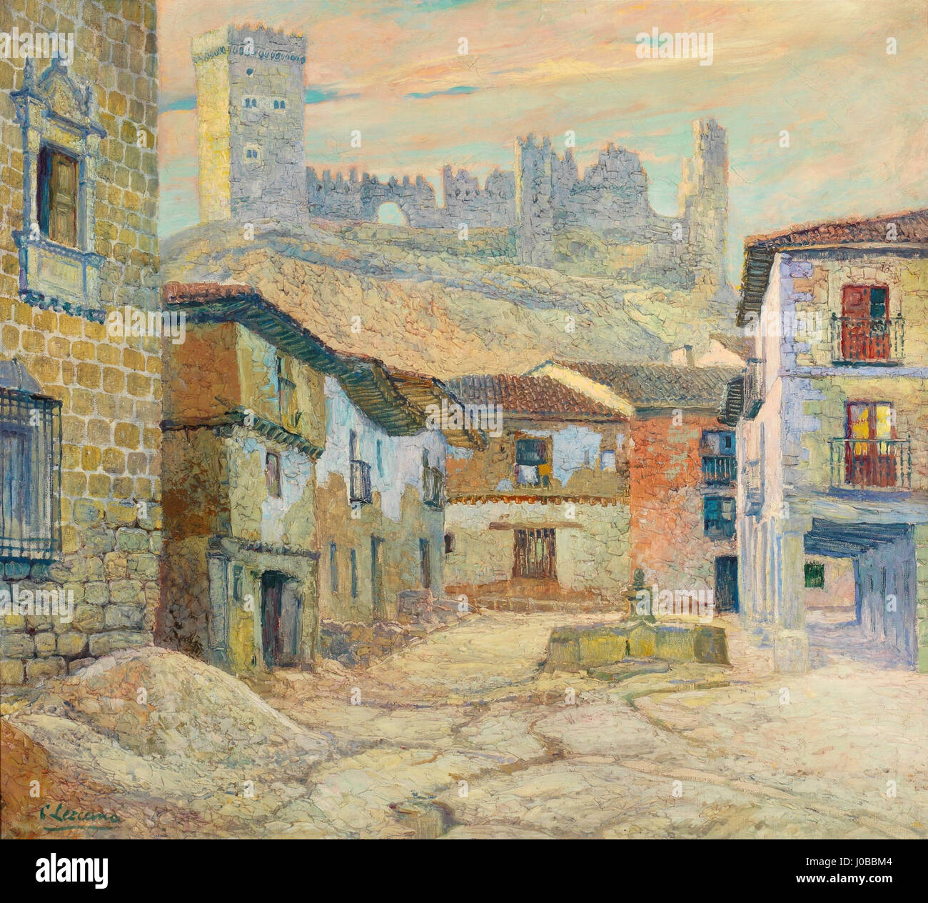 *Peñaranda de Duero* de Carlos María de Lezcano Fernández est une pièce historique représentant la ville espagnole de Peñaranda de Duero, mettant en valeur l’attention de l’artiste pour la précision historique et les détails architecturaux. L'œuvre est conservée dans le Museo del Prado. Banque D'Images