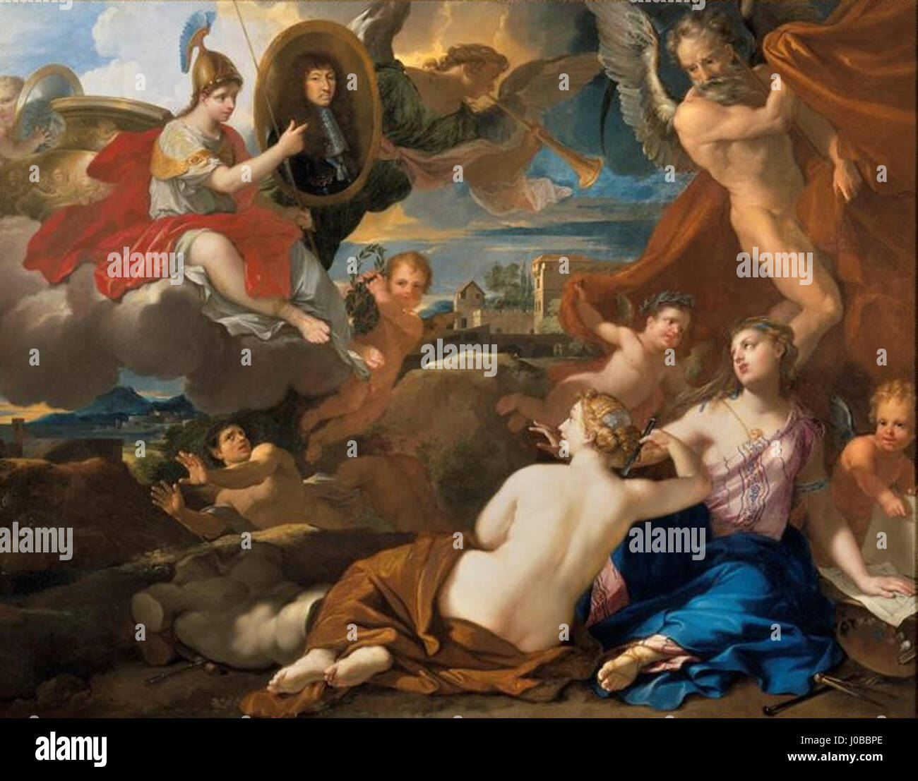 *Allégorie Versailles* de Nicolas Loir est une œuvre allégorique centrée sur la grandeur et le symbolisme du château de Versailles. Le travail de Loir dépeint les thèmes de la royauté et du pouvoir culturel français. Banque D'Images