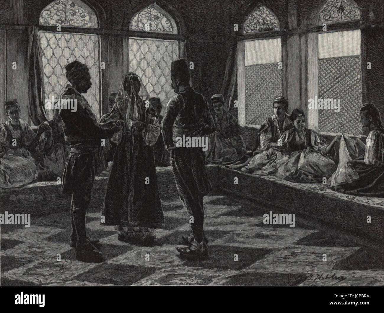 « Muslimansko nevesto zagrnejo v tancico » (mariée musulmane drapée dans un voile) d'Ivana Kobilca reflète la pratique traditionnelle du voile dans la culture musulmane. La peinture capture la beauté et la signification culturelle du sujet, soulignant le moment intime du voile. Banque D'Images