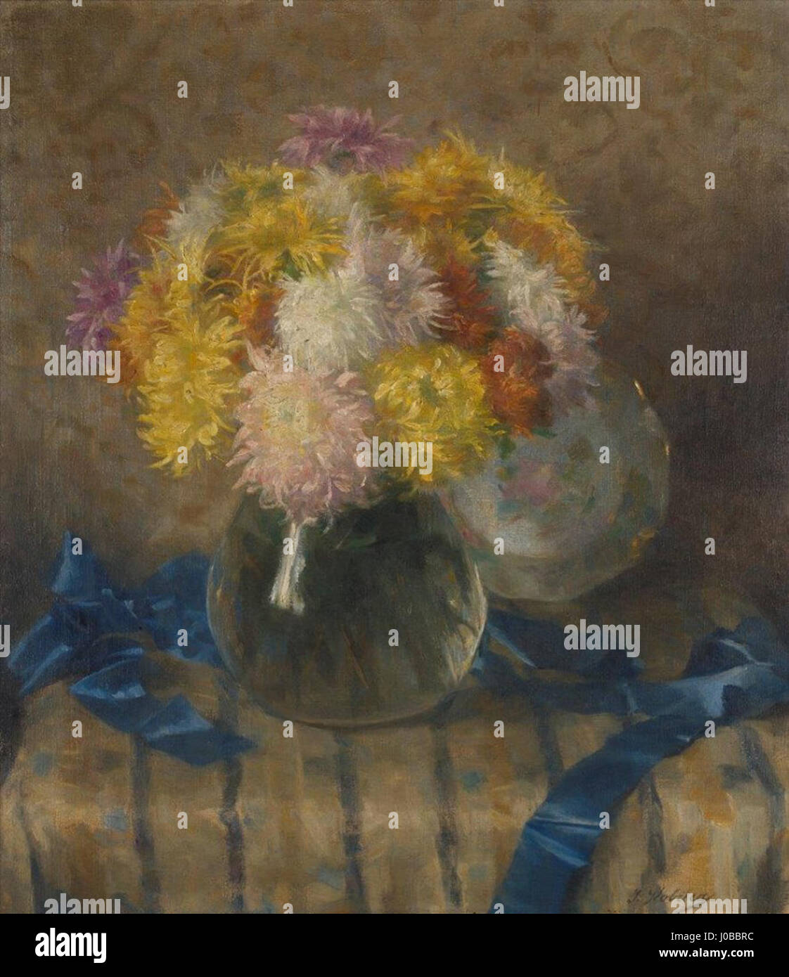 'Tihozitje z krizantemami II' de Ivana Kobilca est une peinture de nature morte mettant en vedette des chrysanthèmes. La maîtrise de Kobilca est évidente dans son rendu délicat des fleurs, avec un accent sur l’interaction subtile de la lumière et de l’ombre. Banque D'Images